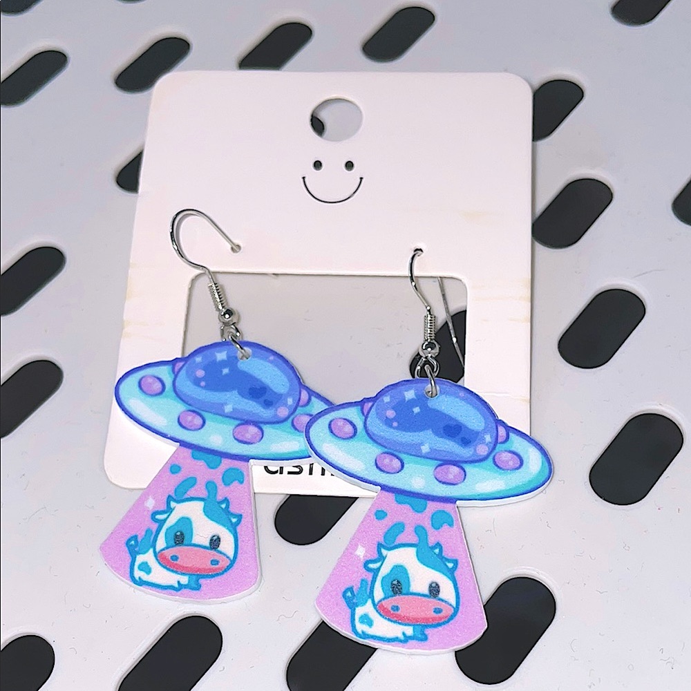 Cute Kawaii Alien UFO Cow Earrings
